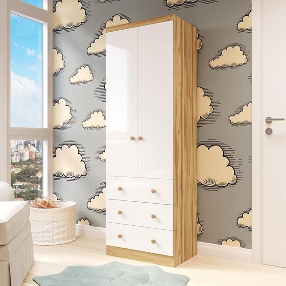 Imagem de Guarda-Roupa Infantil 2 Portas 3 Gavetas 100% MDF Smim New Branco Brilho/Amêndoa