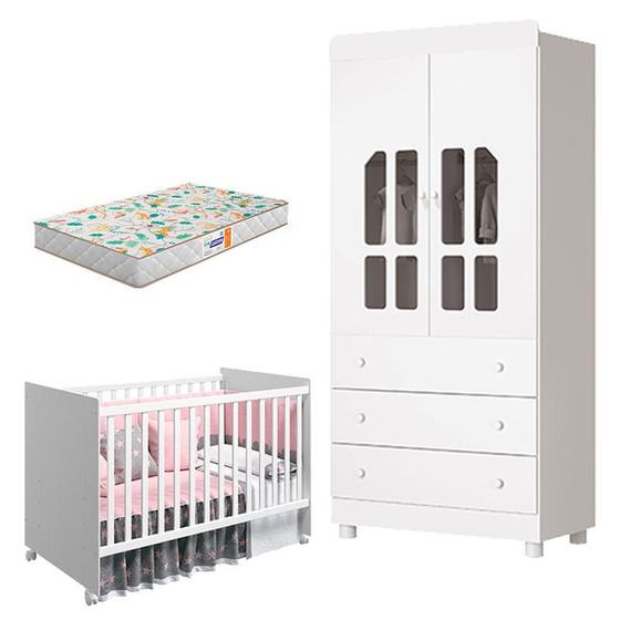 Imagem de Guarda Roupa Infantil 2 Portas Katatau e Berço Americano Tico Branco Brilho com Colchão Gazin  Reller