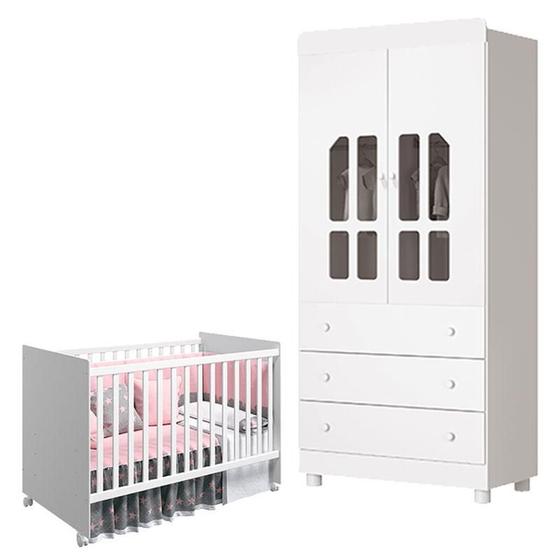 Imagem de Guarda Roupa Infantil 2 Portas Katatau e Berço Americano Tico Branco Brilho  Reller