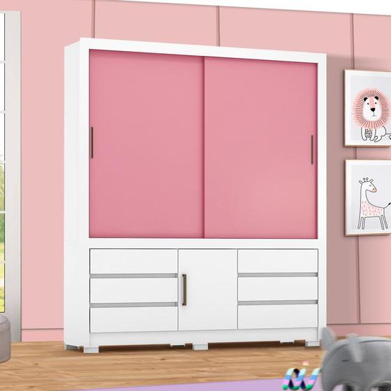 Imagem de Guarda Roupa Infantil 3 Portas e 6 Gavetas 1.89m Branco Rosa Flex Evolution Shop Jm