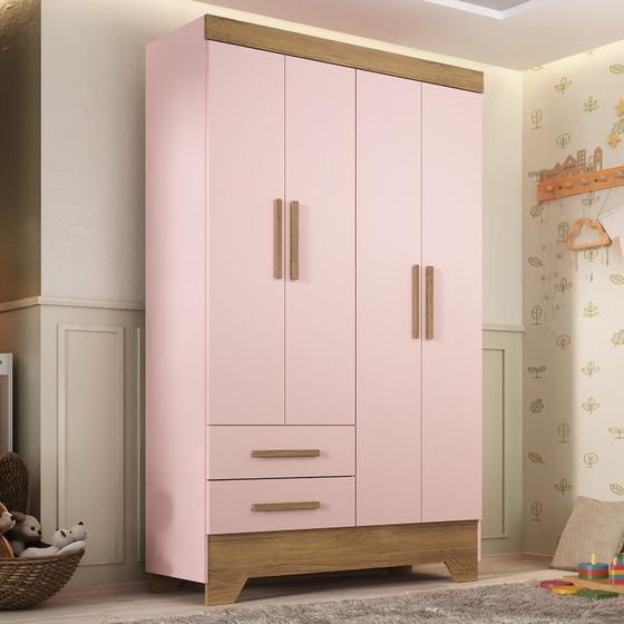 Guarda Roupa Infantil 4 Portas 2 Gavetas Rosa/Natural Tic Tac Espresso Móveis