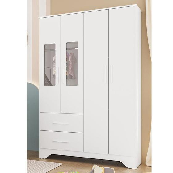 Imagem de Guarda-roupa Infantil 4 Portas com Janelas Retangulares e 2 Gavetas 100% Mdf Liam Branco Brilho