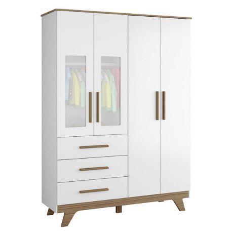 Imagem de Guarda Roupa Infantil 4 Portas Detalhes em Acrílico 3 Gavetas Retrô Móveis Peroba Branco/Carvalho 100%MDF