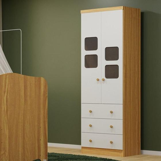 Imagem de Guarda-roupa Infantil 61,70cm 2 Portas com Janelas e 3 Gavetas sem Pés 100% Mdf Mimo Espresso Móveis Branco/Amêndoa