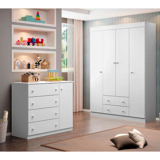 Imagem de Guarda Roupa Infantil Com 4 Portas e 2 Gavetas Com Cômoda 1 Porta e 4 Gavetas Helena Cor Branco Phoenix Baby