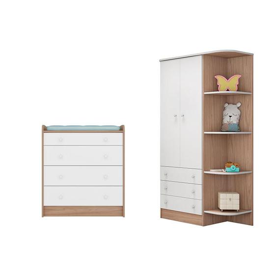 Guarda Roupa Infantil com Cantoneira e Cômoda com Trocador Doce Sonho Branco/Carvalho - Qmovi Menor preço em Guarda Roupa Infantil com Cantoneira e Cômoda com Trocador Doce Sonho Branco/Carvalho - Qmovi