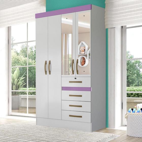 Guarda Roupa Infantil Com Espelho 4 Portas 4 Gavetas Branco Lilás Flex ...