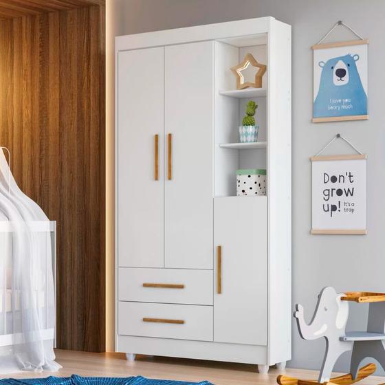 Imagem de Guarda-roupa Infantil Flocos 3 Portas 2 Gavetas 3 Prateleiras - Flex Color Branco/ypê/branco