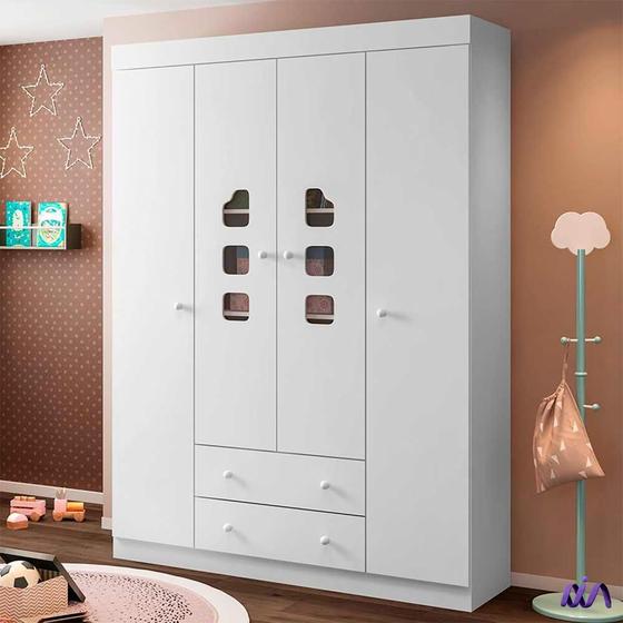 Imagem de Guarda-Roupa Infantil Lívia 4 Portas 2 Gavetas Em MDF Branco Phoenix Baby Branco