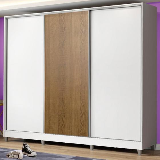 Imagem de Guarda Roupa Juvenil 100% MDF Madesa Kevin 3 Portas de Correr com Pés - Branco/Branco/Rustic