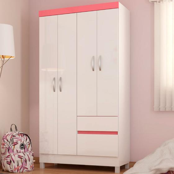 Imagem de Guarda-Roupa Lótus 4 Portas 2 Gavetas Flex Branco/Rosa - Demóbile