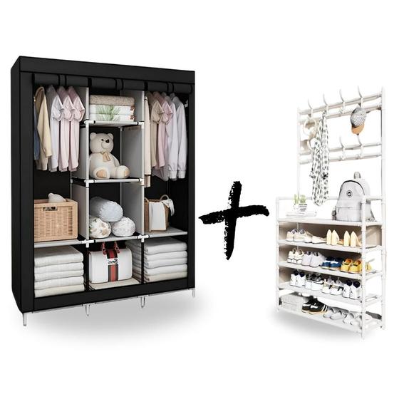 Imagem de Guarda-Roupa Portátil Dobrável com Prateleiras Reforçadas e Zíper para Quarto e Closet + Rack Sapateira Cabideiro Multif