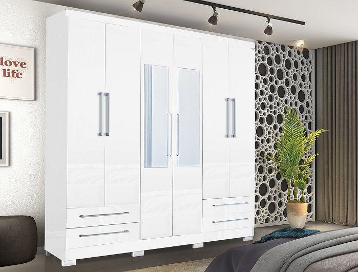 Guarda Roupa Santiago Com Espelho 6 Portas e 4 Gavetas Branco - Rud ...