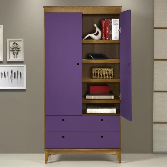 Guarda Roupa Solteiro 2 Portas 2 Gavetas Retrô Hendrix Maxima Nogal/Roxo Menor preço em Guarda Roupa Solteiro 2 Portas 2 Gavetas Retrô Hendrix Maxima Nogal/Roxo
