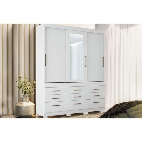 Imagem de Guarda Roupa Solteiro 3 Portas de Correr e 9 Gavetas c/ Espelho e Pés Click 3.9 Branco - Santos Andirá
