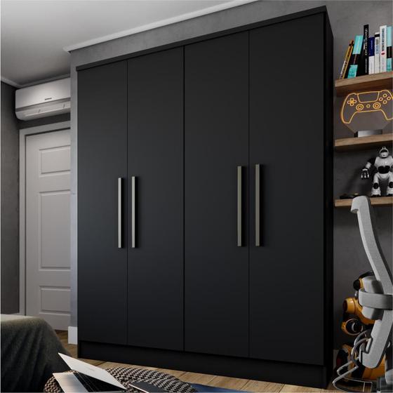 Guarda Roupa Solteiro 4 Portas 1 Gaveta Berlim Preto Menor preço em Guarda Roupa Solteiro 4 Portas 1 Gaveta Berlim Preto