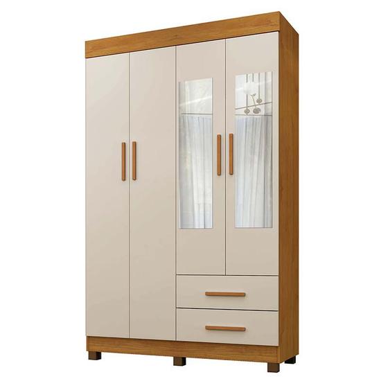 Imagem de Guarda Roupa Solteiro 4 Portas 2 Gavetas Com Espelho Copacabana New Benetil Móveis Cinamomo/Off White