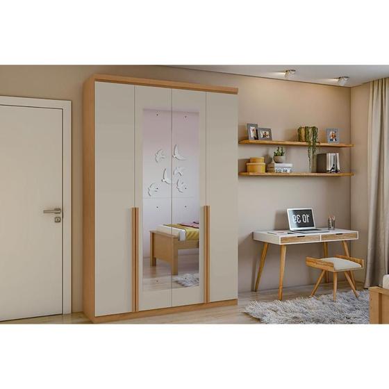 Imagem de Guarda Roupa Solteiro 4 Portas e 2 Gavetas c/ Espelho Alonzo New Amendoa/Off White - Lopas