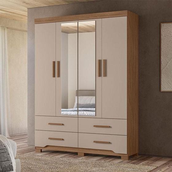 Imagem de Guarda Roupa Solteiro Ambiente Miami 4 Portas Carvalho Fendi Com Espelho - Moval