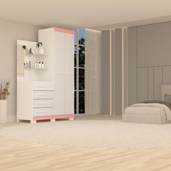 Guarda Roupa Solteiro C/Espelho 2 Portas 4 Gavetas Melissa Branco/Rosa ACP Móveis 100%MDF Menor preço em Guarda Roupa Solteiro C/Espelho 2 Portas 4 Gavetas Melissa Branco/Rosa ACP Móveis 100%MDF