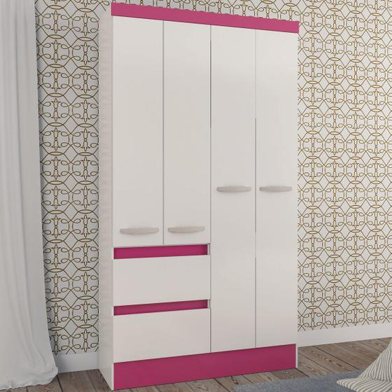 Imagem de Guarda-Roupa Solteiro Chicago 4 Portas 2 Gavetas Flex Branco/Rosa - Panorama Móveis