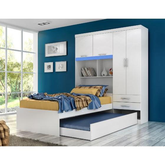 Imagem de Guarda Roupa Solteiro com Bicama 4 Portas 2 Gavetas Milena Branco/Azul ACP Móveis 100%MDF