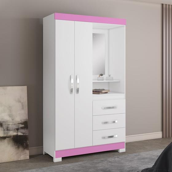 Imagem de Guarda-Roupa Solteiro com Espelho 2 Portas 3 Gavetas Paris Notável Branco/Rosa