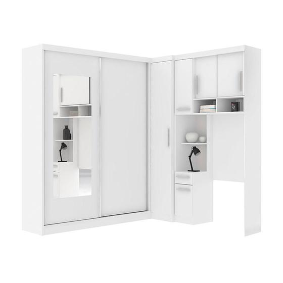 Imagem de Guarda roupa solteiro de canto com espelho, 6 portas, muitos nichos e 4 gavetas branco