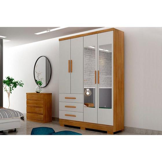 Imagem de Guarda Roupa Solteiro Encant 4 Portas 3 Gavetas c/Espelho e Pés Freijo Cumaru c/ Fendi - Novo Horizonte
