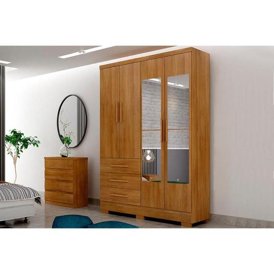 Imagem de Guarda Roupa Solteiro Encant 4 Portas 3 Gavetas c/Espelho e Pés Freijo Cumaru - Novo Horizonte