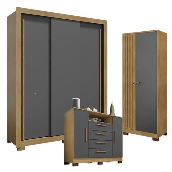 Imagem de Guarda Roupa Solteiro Nevoa Flex 3 Portas de Correr com Cômoda Madri e Armário Multiuso Versátile com Chave Carvalho Americano Grafite - Incorplac