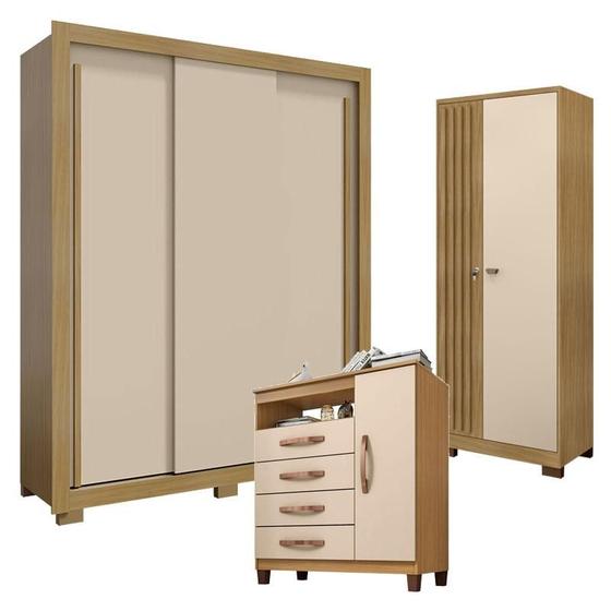 Imagem de Guarda Roupa Solteiro Nevoa Flex 3 Portas de Correr com Cômoda Sapateira Cannes e Armário Multiuso Versatile com Chave Carvalho Americano Off White - Incorplac