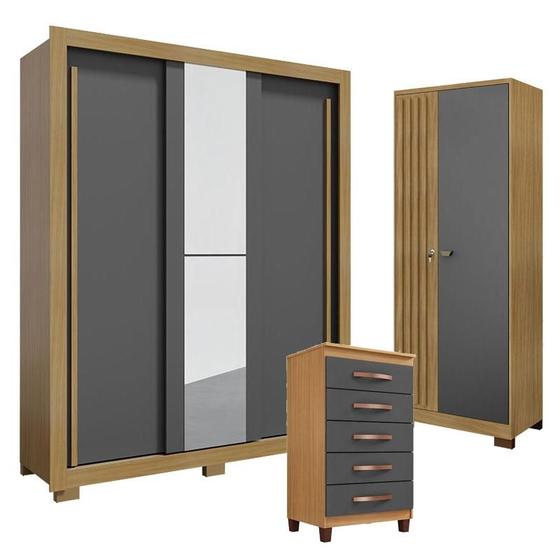 Imagem de Guarda Roupa Solteiro Nevoa Flex 3 Portas de Correr com Espelho com Cômoda Cannes 5 Gavetas e Armário Multiuso Versatile com Chave Carvalho Americano Grafite - Incorplac