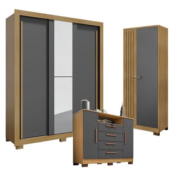 Imagem de Guarda Roupa Solteiro Nevoa Flex 3 Portas de Correr com Espelho com Cômoda Madri e Armário Multiuso Versátile com Chave Carvalho Americano Grafite - Incorplac