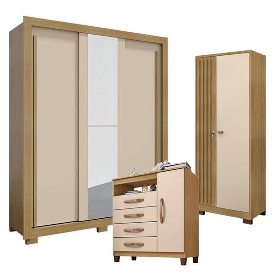 Imagem de Guarda Roupa Solteiro Nevoa Flex 3 Portas de Correr com Espelho com Cômoda Sapateira Cannes e Armário Multiuso Versatile com Chave Carvalho Americano Off White - Incorplac
