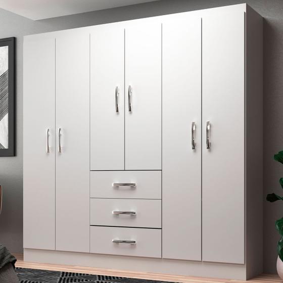 Guarda-Roupa Solteiro Sevilha 6 Portas 3 Gavetas Branco - Evidencia Móveis Menor preço em Guarda-Roupa Solteiro Sevilha 6 Portas 3 Gavetas Branco - Evidencia Móveis