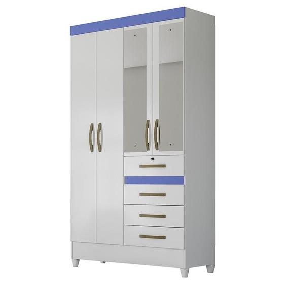 Imagem de Guarda Roupa Solteiro Sobral 4 Portas e 4 Gavetas Flex com Espelho Branco/Azul - PR Móveis