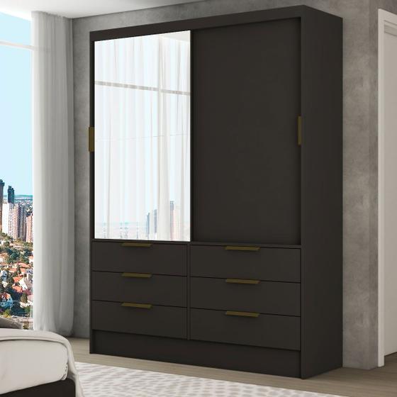 Imagem de Guarda-Roupa Solteiro Taylor 2 Portas de Correr 6 Gavetas com Espelho Preto - Panorama Móveis