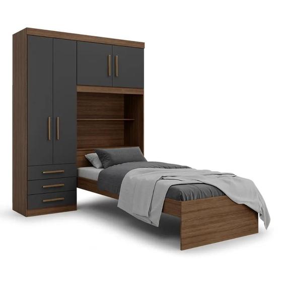 Imagem de Guarda Roupa Solteiro Turim com Cama e Cabeceira Bau Ipe Wood Grafite Batrol