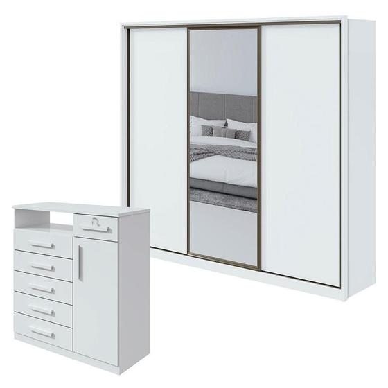 Imagem de Guarda Roupa Spazio 270 com Espelho e Cômoda Da Vinci Branco Brilho - Lopas