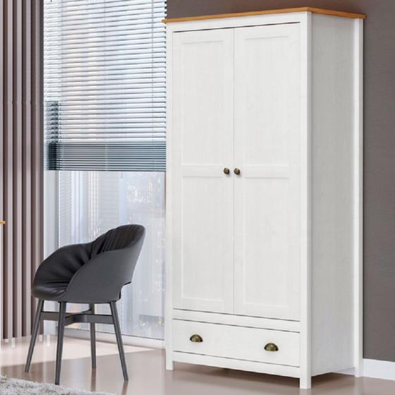Guarda-roupa Topázio 2 Portas Madeira Maciça Branco/carvalho - Finestra Móveis Menor preço em Guarda-roupa Topázio 2 Portas Madeira Maciça Branco/carvalho - Finestra Móveis