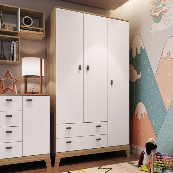 Imagem de Guarda Roupas Infantil Multiuso Organizador 3 Portas 2 Gavetas Design Retrô Branco Com Marrom
