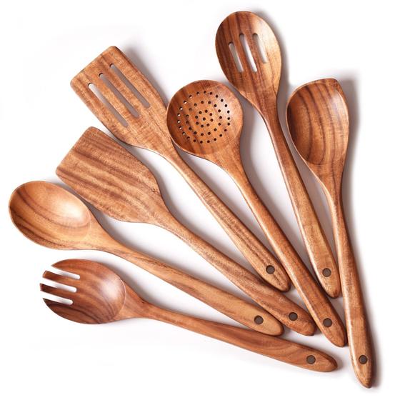 Imagem de Gudamaye 13 polegadas Longos Utensílios de Madeira para Cozinhar, Colheres de Madeira de Alça Longa para Cozinhar, 7 PCES Crafting Wooden Spoon Set, Conjunto de Utensílios de Cozinha de Madeira, Conjunto de utensílios de madeira de teca natural