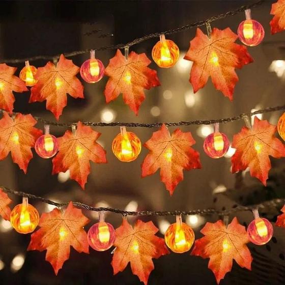 Imagem de Guirlanda de Folhas de Bordo e Abóbora com Luzes de LED - Decoração de Festa de Ação de Graças