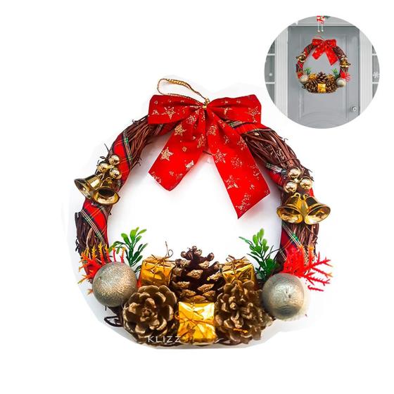 Guirlanda De Natal Decorada 23Cm Laço Presentes E Pinha Luxo - Klizz Imagem de Guirlanda De Natal Decorada 23Cm Laço Presentes E Pinha Luxo