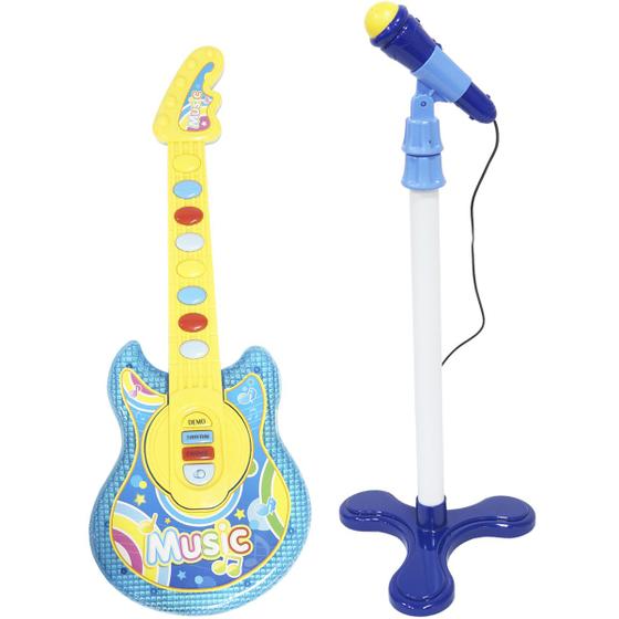 Imagem de Guitarra com Microfone Infantil Pedestal Brinquedo Luz Som Karaokê Criança Importway BW138 Azul