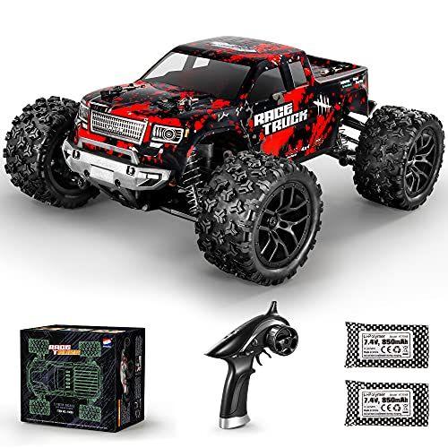 Imagem de HAIBOXING 1:18 escala todo o terreno RC carro 36 km / h de alta velocidade, veículo elétrico 4WD, controlador de rádio de 2,4 GHz, incluído 2 baterias e um carregador, caminhão off-road impermeável (vermelho)