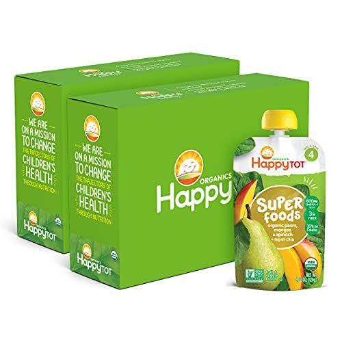 Imagem de Happy Tot Organics Super Foods Stage 4, Peras, Mangas e Espinafre + Super Chia, Bolsa de 4,22 Onças (Pacote de 16) embalagem pode variar