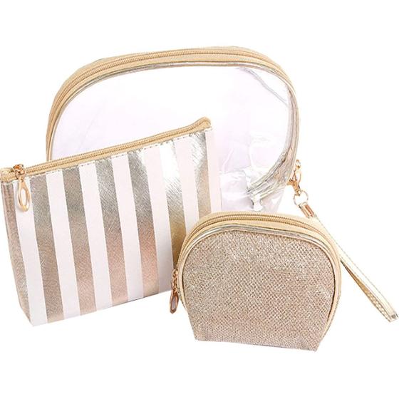 Imagem de HappyDaily 3 Pack Beautiful and Multifunctional impermeável Casos de maquiagem ou bolsas cosmáticas ou bolsa de higiene pessoal de viagem ou sacos de armazenamento ou bolsa para meninas mulheres (3, faixa de ouro)