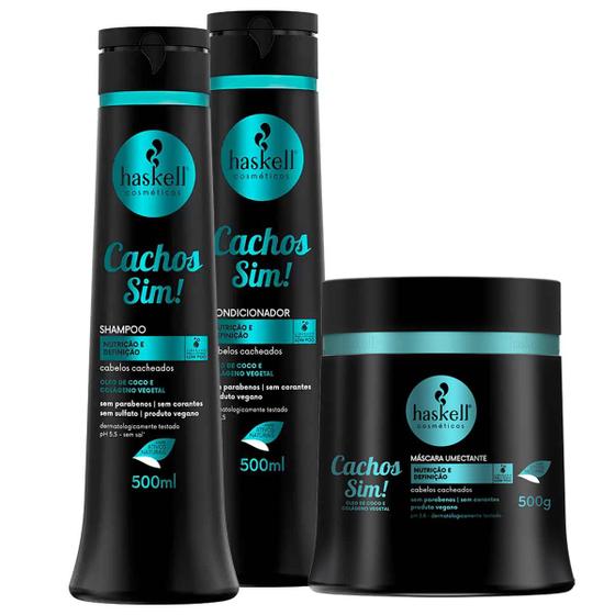 Haskell Cachos Sim Shampoo + Condicionador + Máscara 500ml Cabelos Cacheados Menor preço em Haskell Cachos Sim Shampoo + Condicionador + Máscara 500ml Cabelos Cacheados